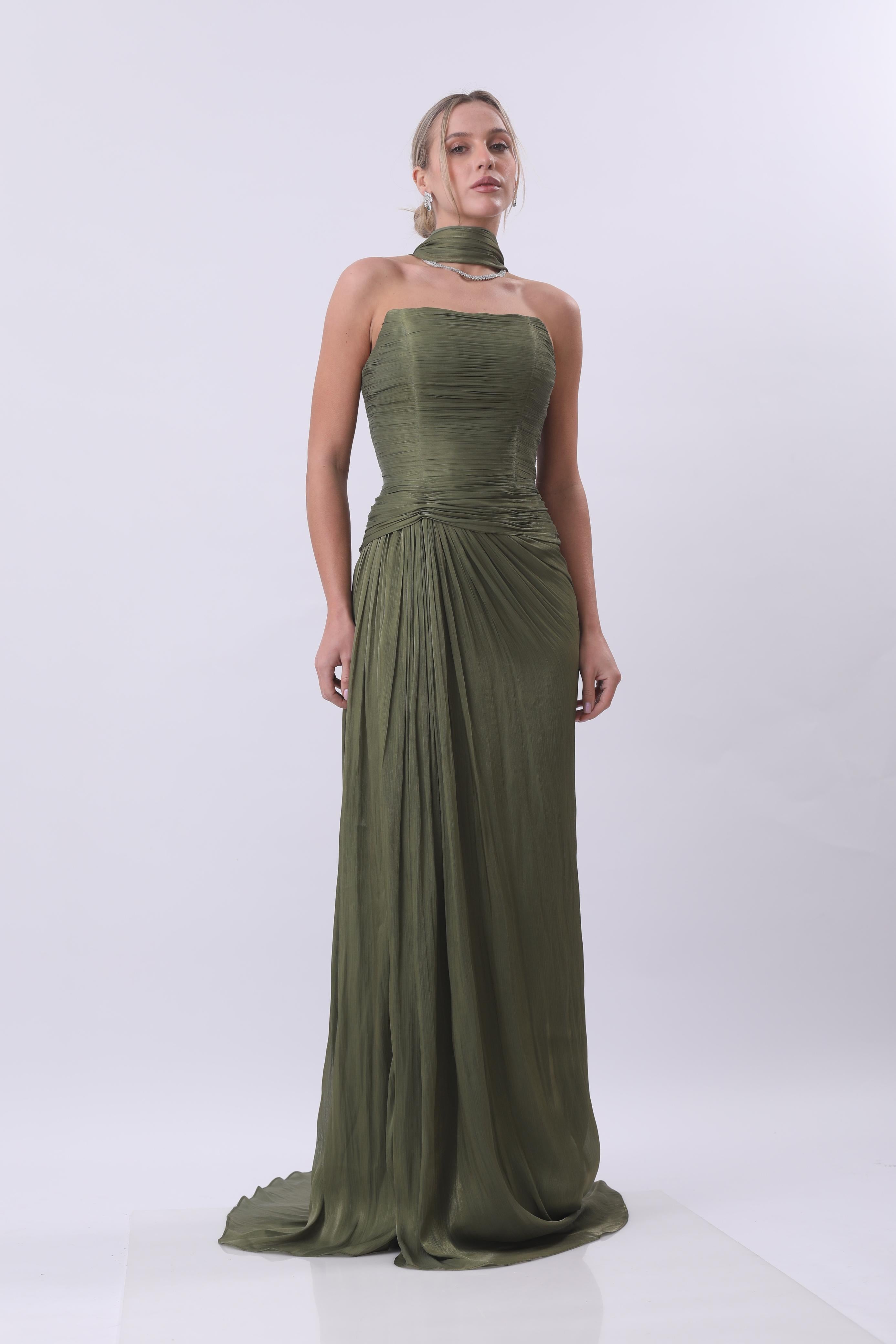Olive Draped Goddess Gown