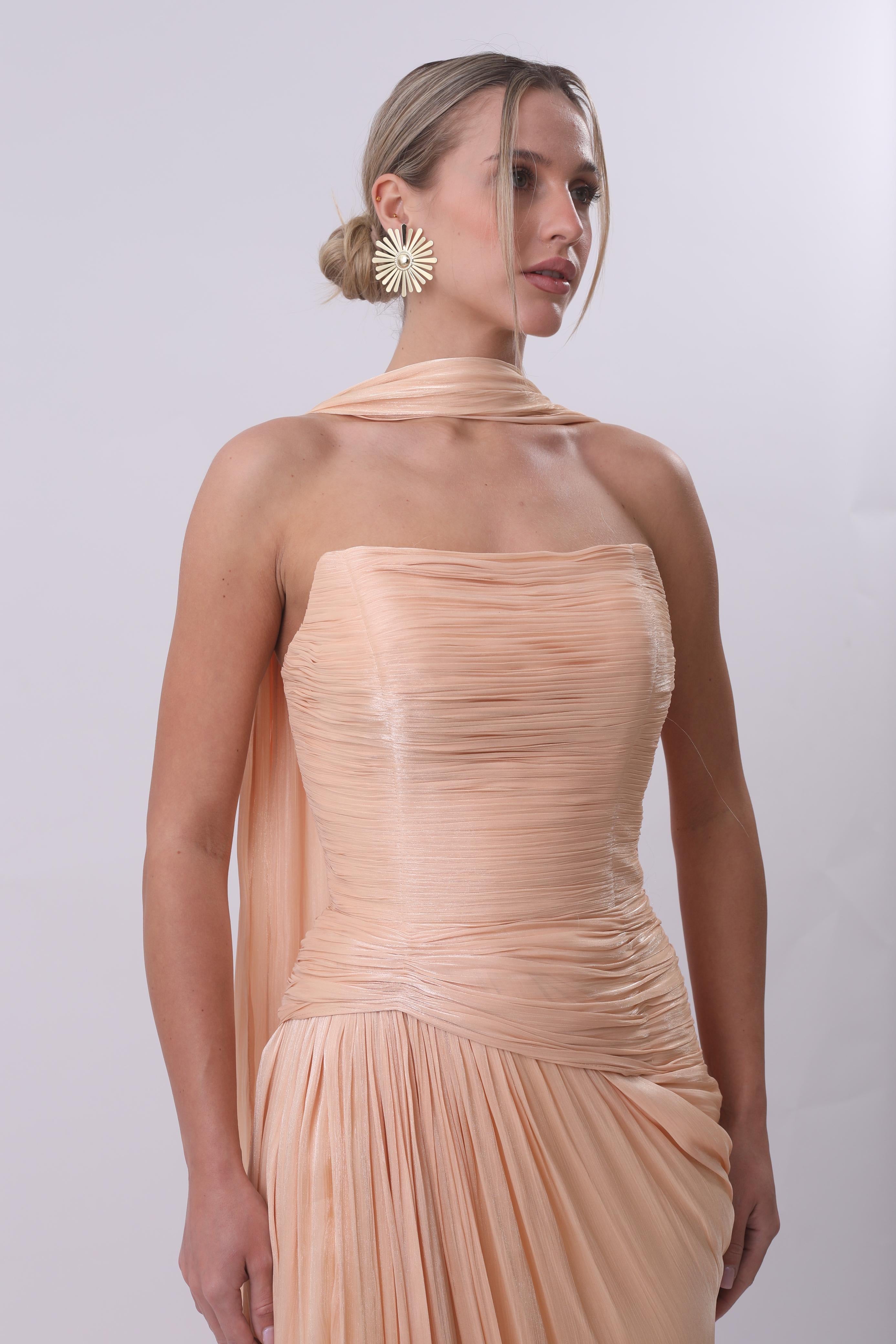 Sienna Pleated Scarf Gown – Peach Blush & Red