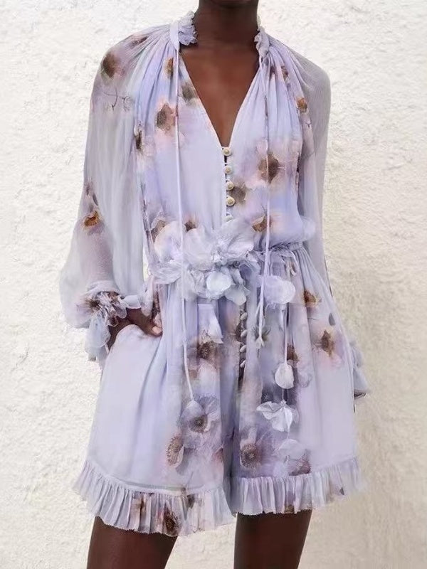 Lilac Floral Sheer Romper | Romantic Ruffle Long Sleeve Jumpsuit with 3D Flowers MYLINE