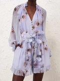 Lilac Floral Sheer Romper | Romantic Ruffle Long Sleeve Jumpsuit with 3D Flowers MYLINE