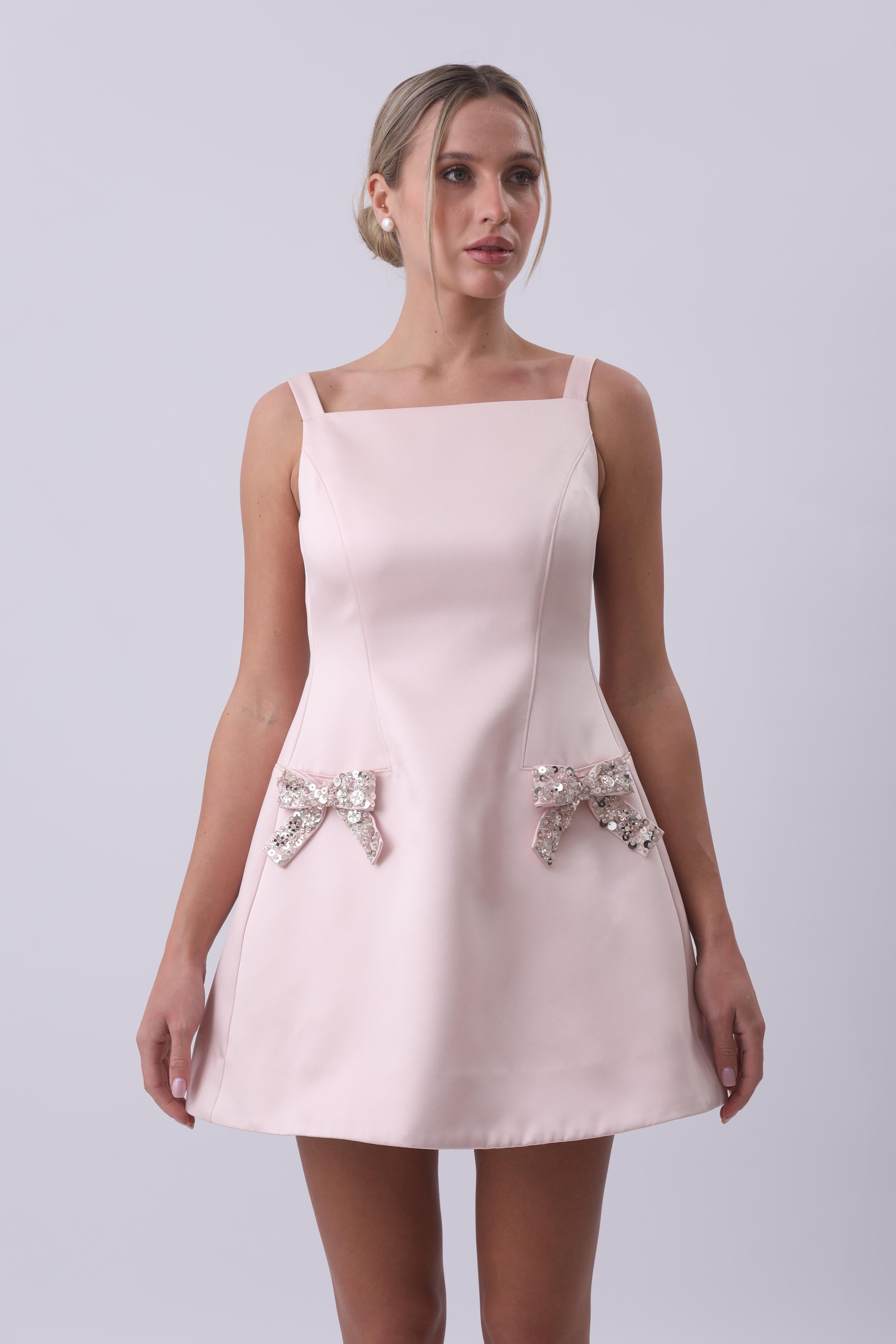 Rosalie Embellished Bow Mini Dress – Blush
