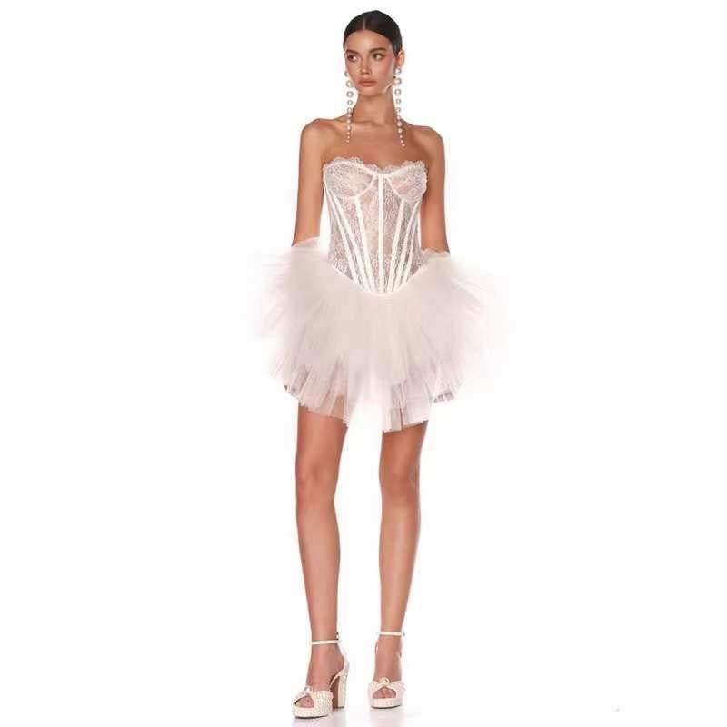 Couture Lace Corset Tulle Mini Dress – White