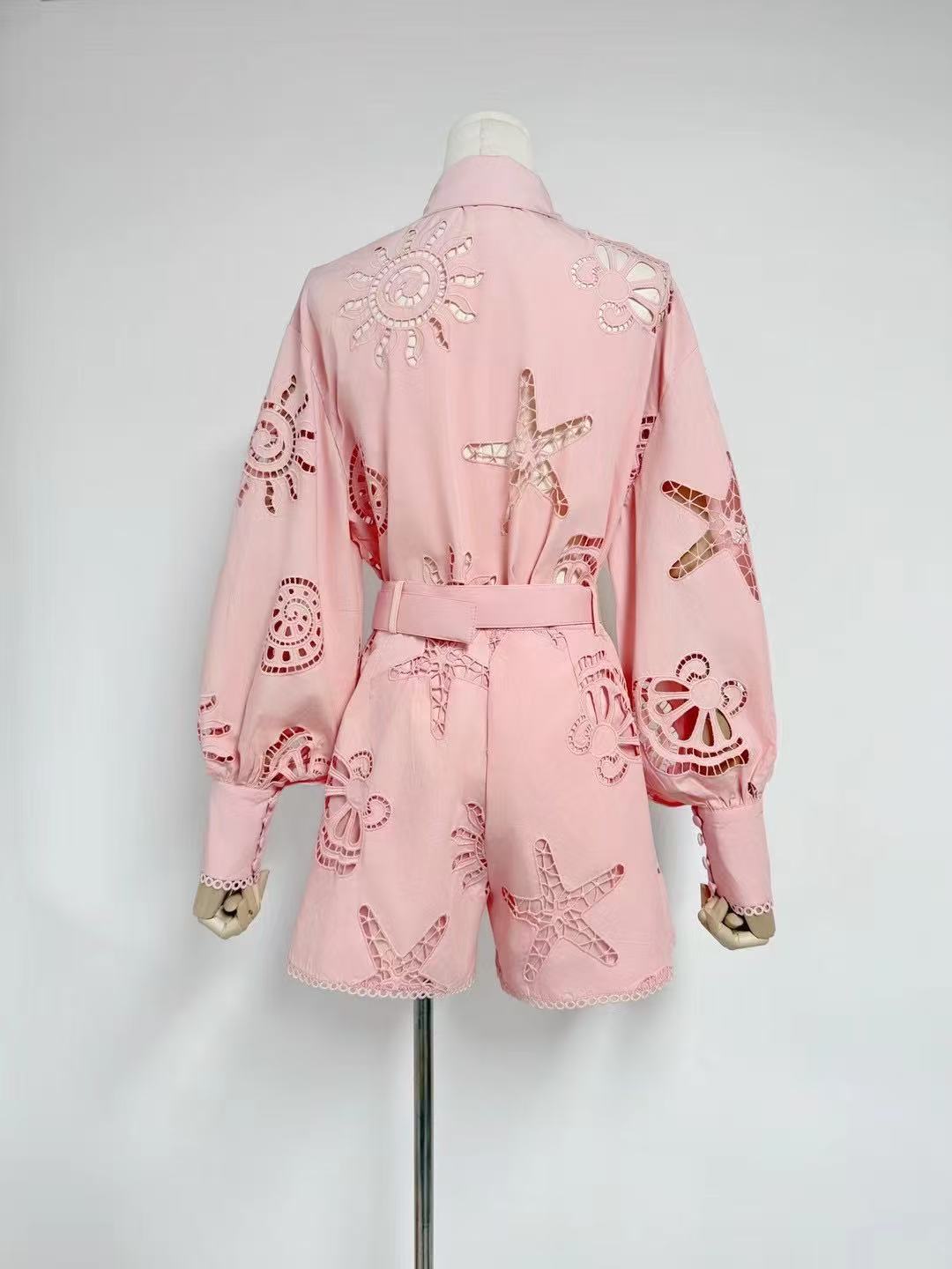 Embroidered Belted Romper Set | Starfish Eyelet Jumpsuit in Blue, White, & Pink MYLINE