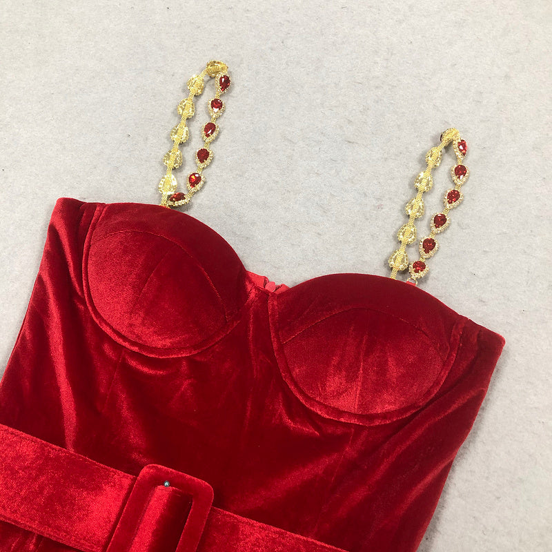 Red Velvet Jumpsuit with Crystal Straps | Luxe Flared Pantsuit with Belted Waist & Bustier Top for Glam Events MYLINE