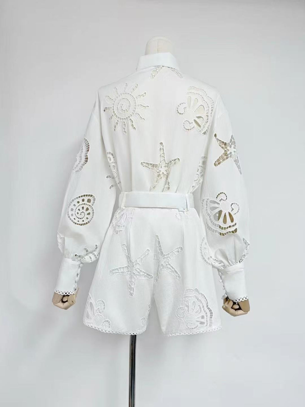 Embroidered Belted Romper Set | Starfish Eyelet Jumpsuit in Blue, White, & Pink MYLINE