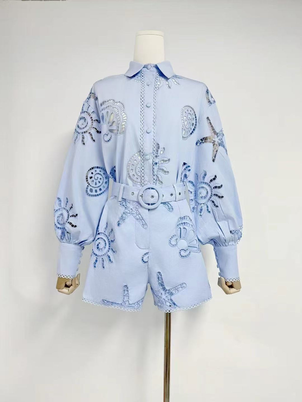 Embroidered Belted Romper Set | Starfish Eyelet Jumpsuit in Blue, White, & Pink MYLINE