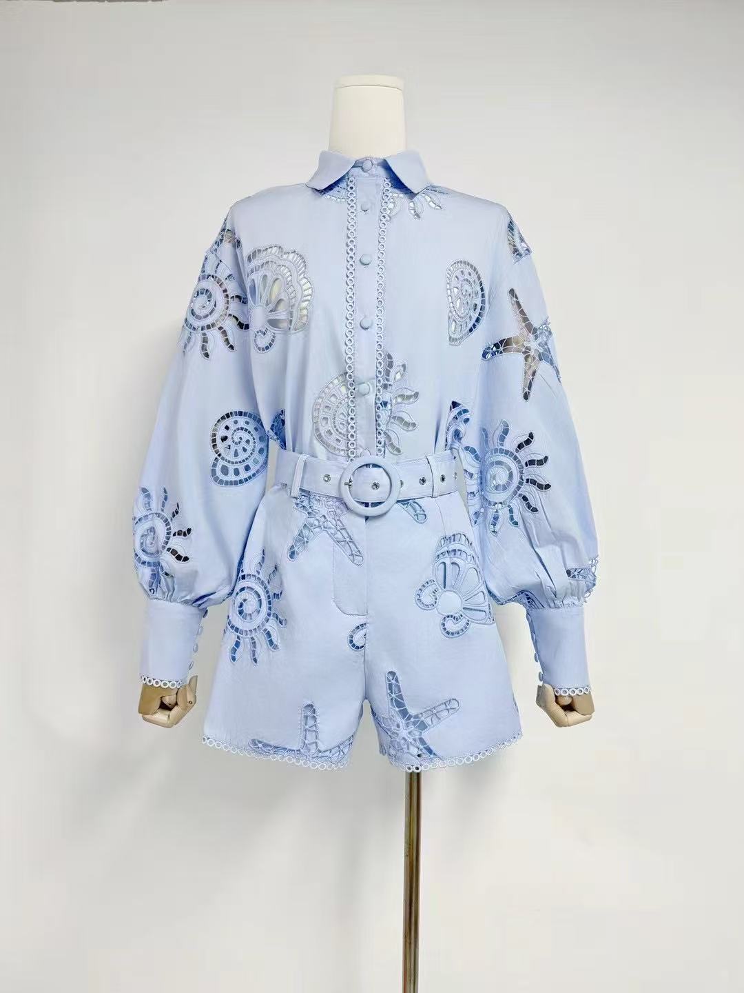 Embroidered Belted Romper Set | Starfish Eyelet Jumpsuit in Blue, White, & Pink MYLINE