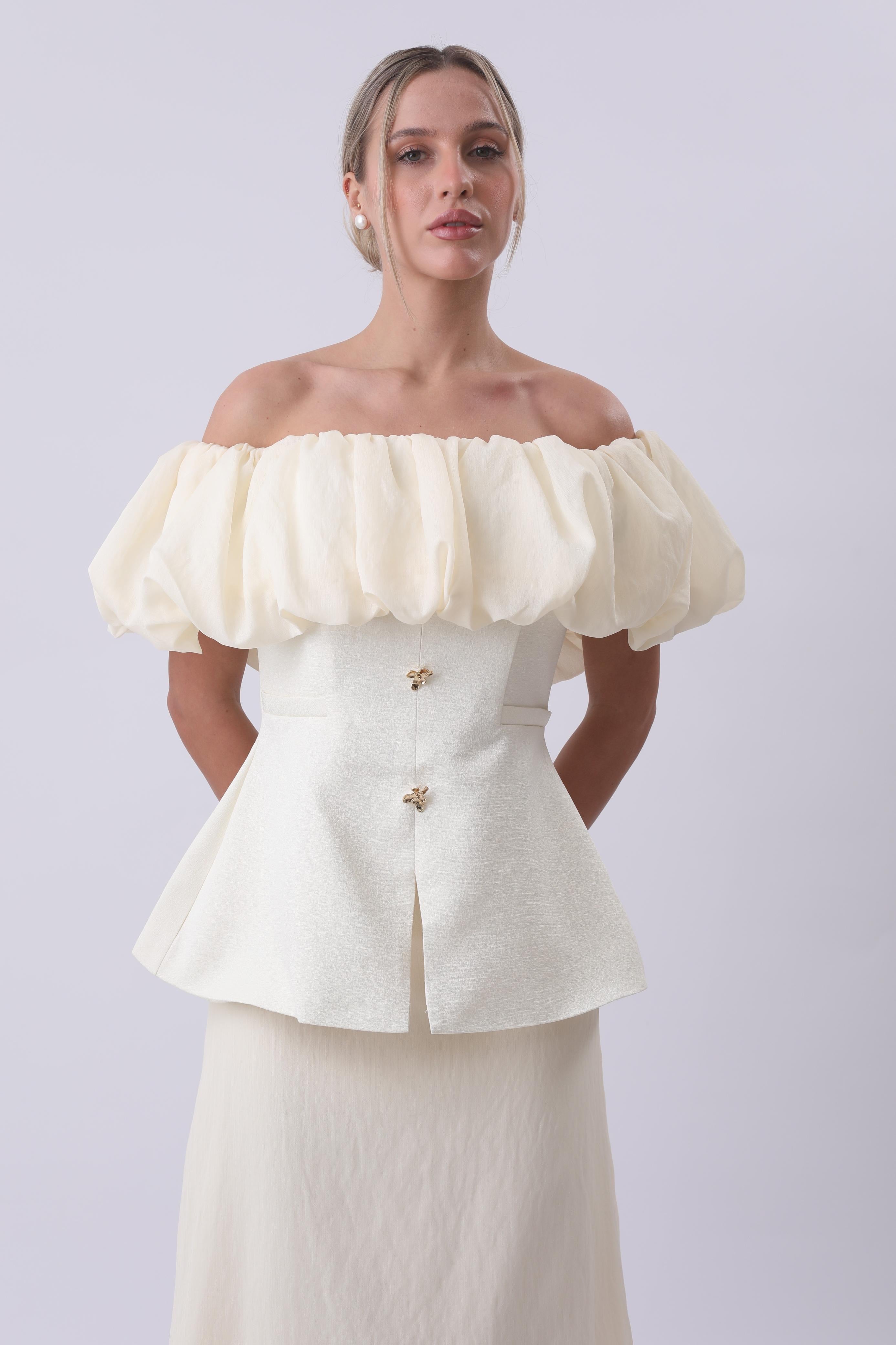 Ivory Bloom Off-Shoulder Structured Midi Dress