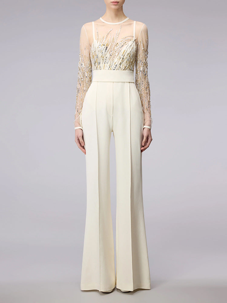 White Embellished Illusion Jumpsuit | Beaded Mesh Bodice with High Waist & Flared Pants – Elegant Evening Look MYLINE