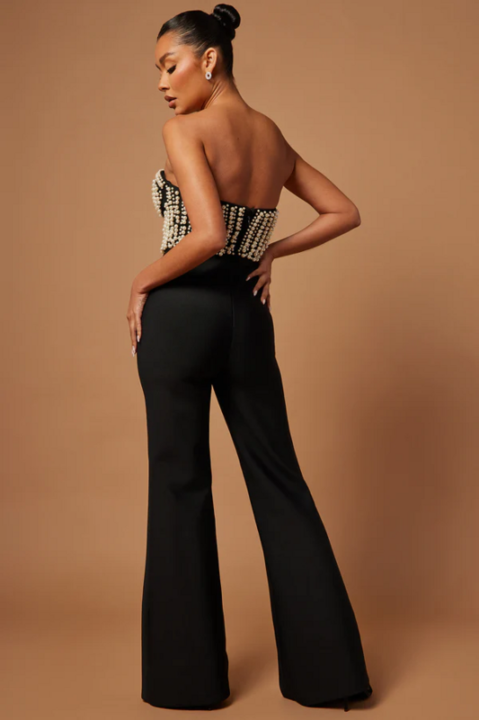 Black Pearl Strapless Jumpsuit | Corset Bust Beaded Bodice & Wide-Leg Fit for Events and Evenings MYLINE
