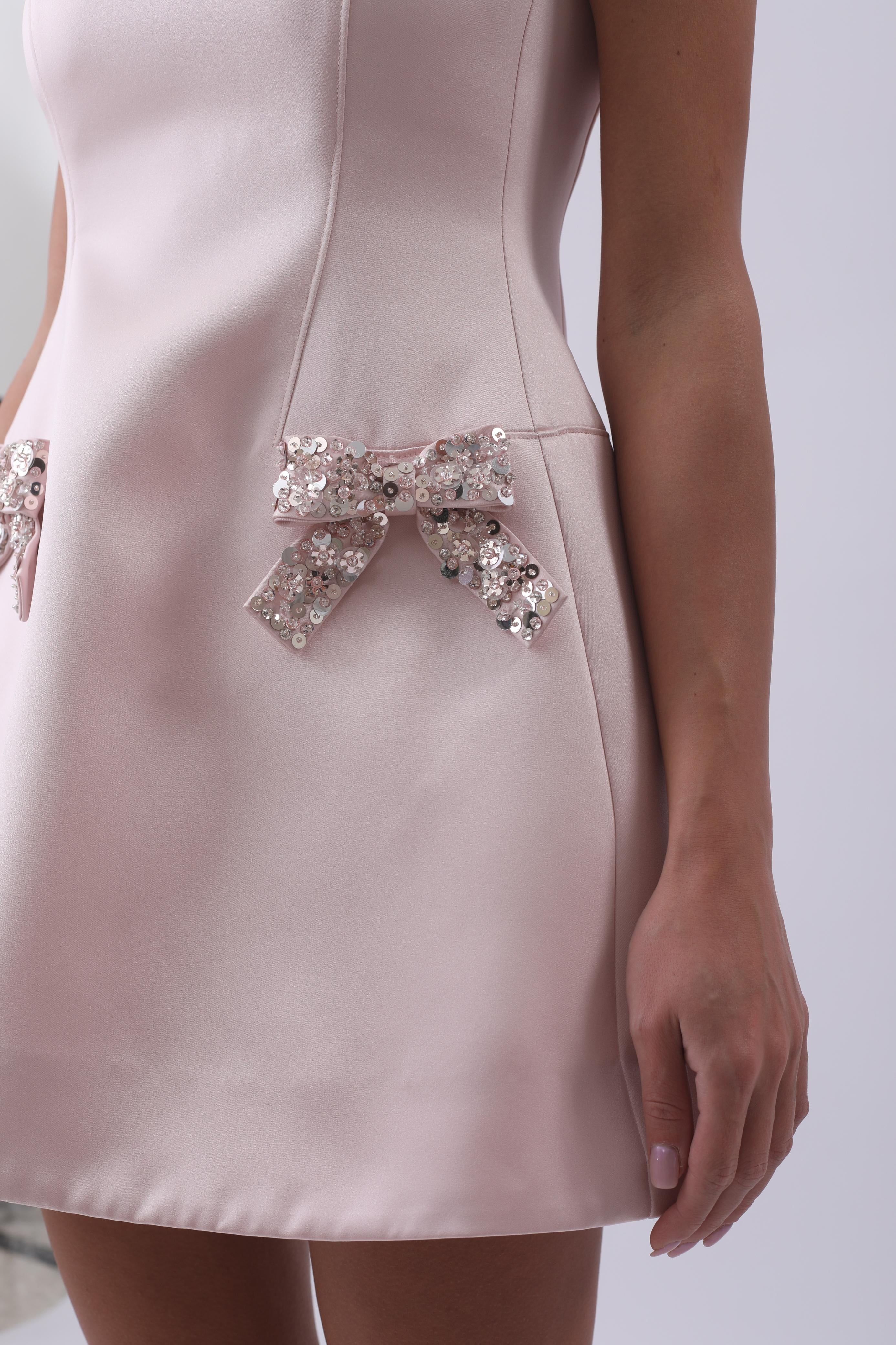 Rosalie Embellished Bow Mini Dress – Blush