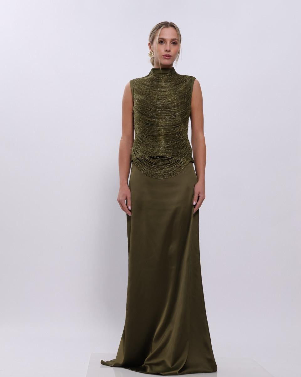 Olive Luxe Draped Evening Gown