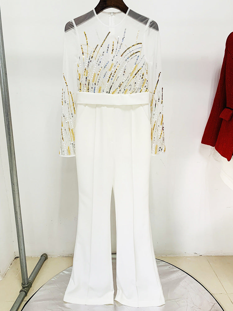 White Embellished Illusion Jumpsuit | Beaded Mesh Bodice with High Waist & Flared Pants – Elegant Evening Look MYLINE