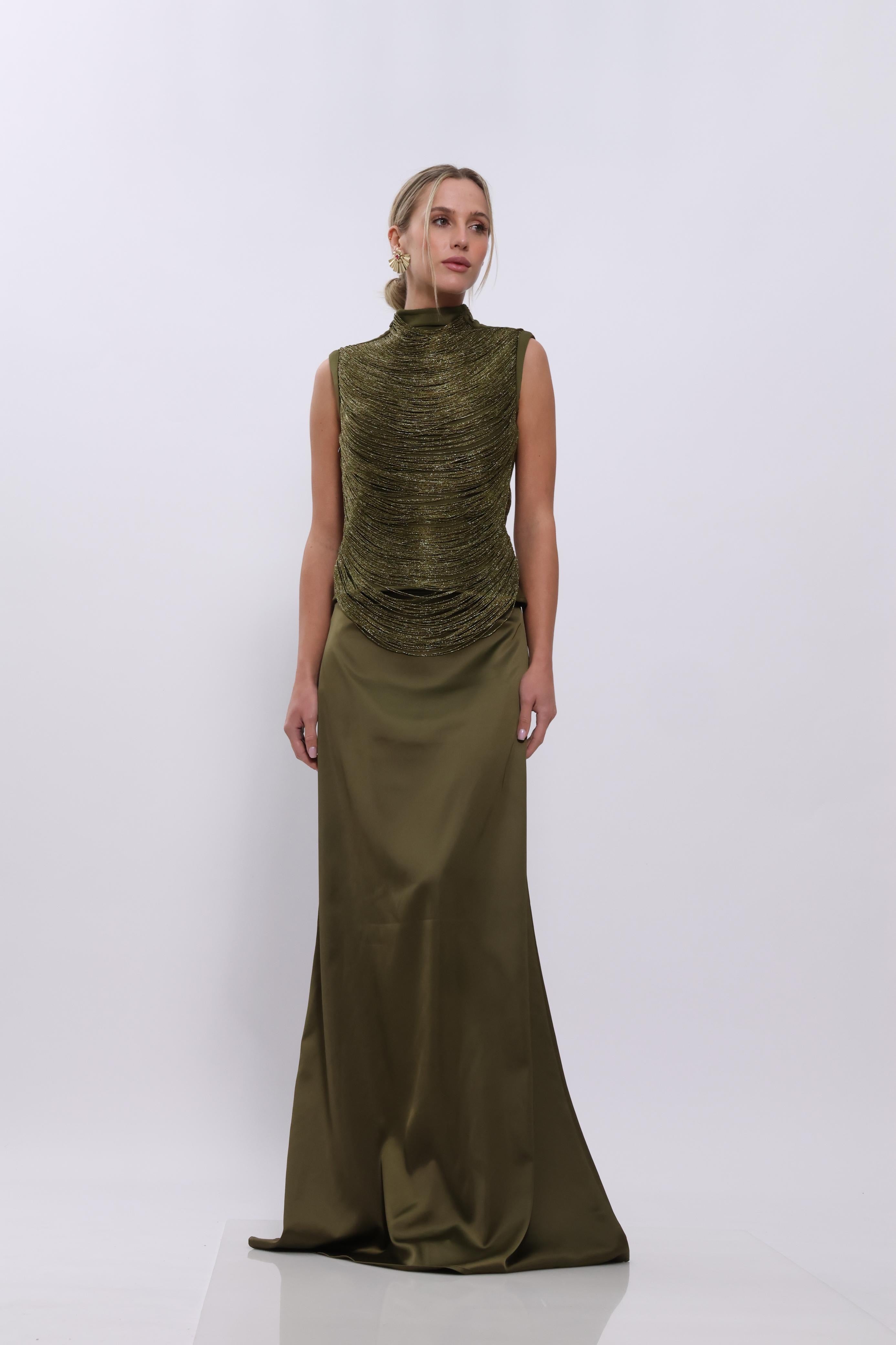 Olive Luxe Draped Evening Gown