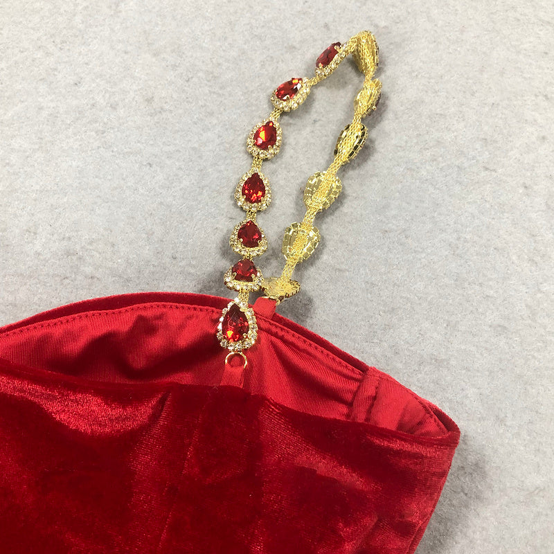 Red Velvet Jumpsuit with Crystal Straps | Luxe Flared Pantsuit with Belted Waist & Bustier Top for Glam Events MYLINE