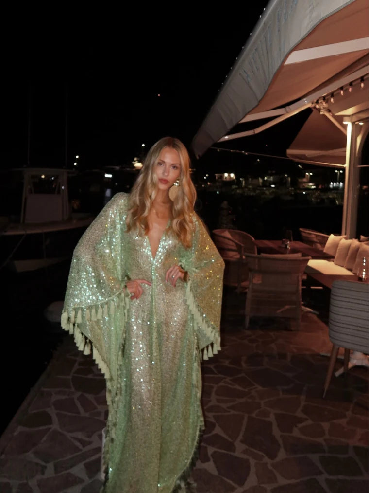 Sequin Tassel Kaftan Maxi Dress in Pistachio Green