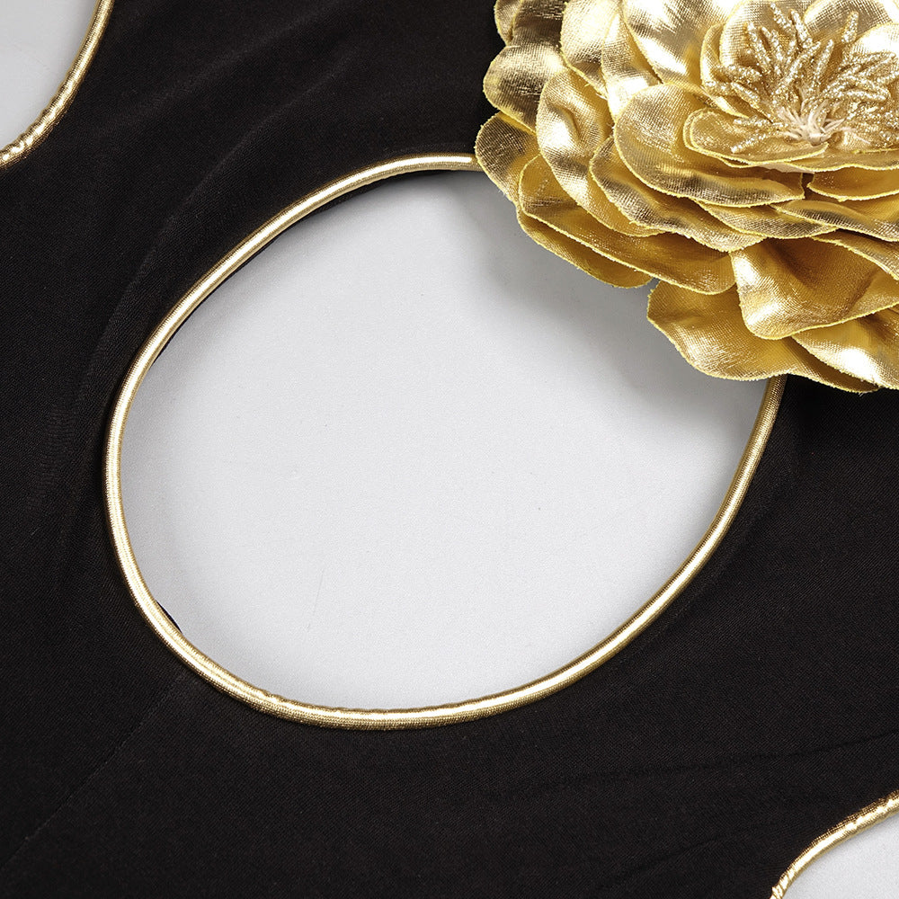 Black Cutout Jumpsuit with Gold Flower | Elegant Halter Wide-Leg Evening Suit MYLINE