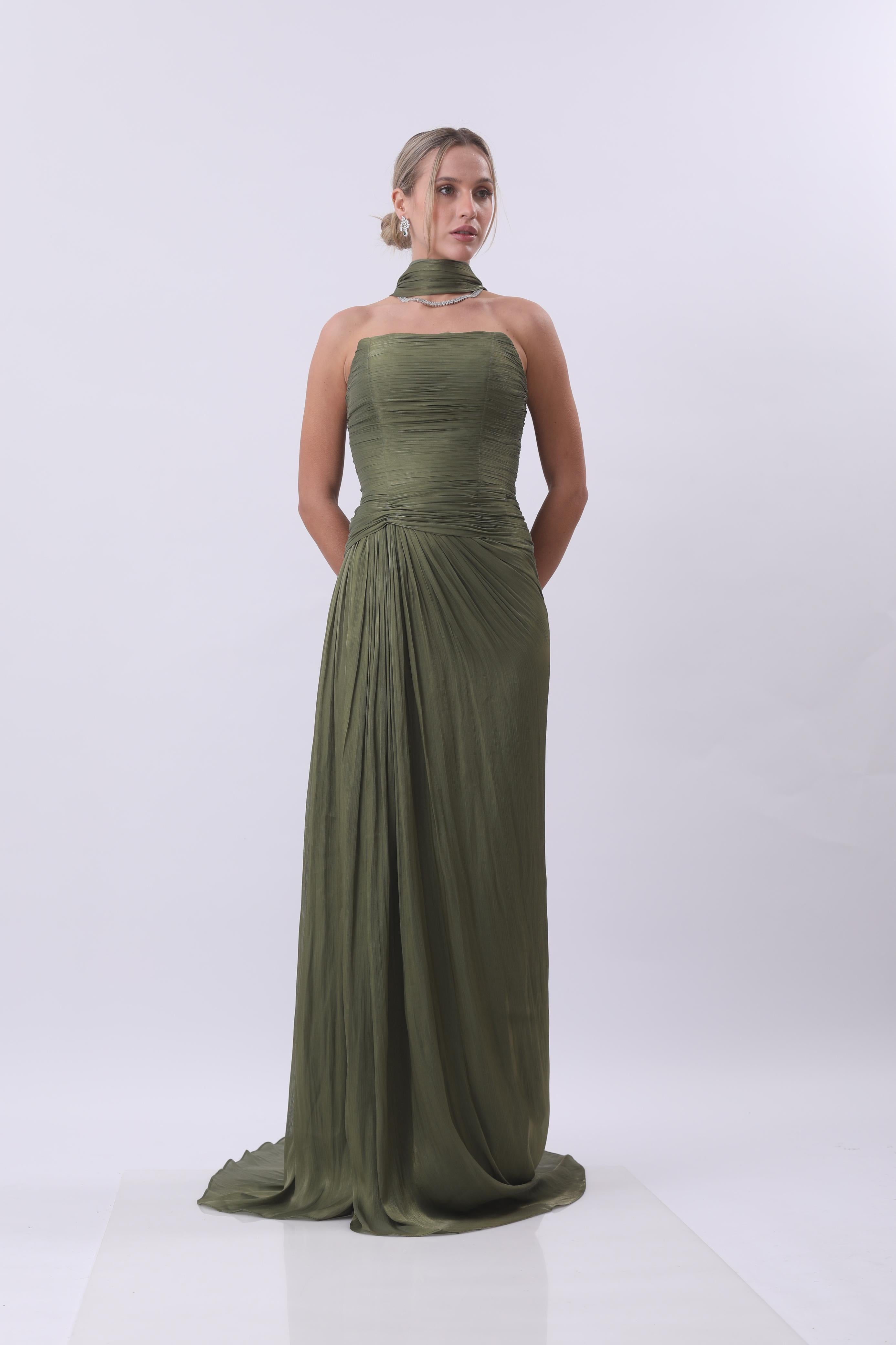 Olive Draped Goddess Gown