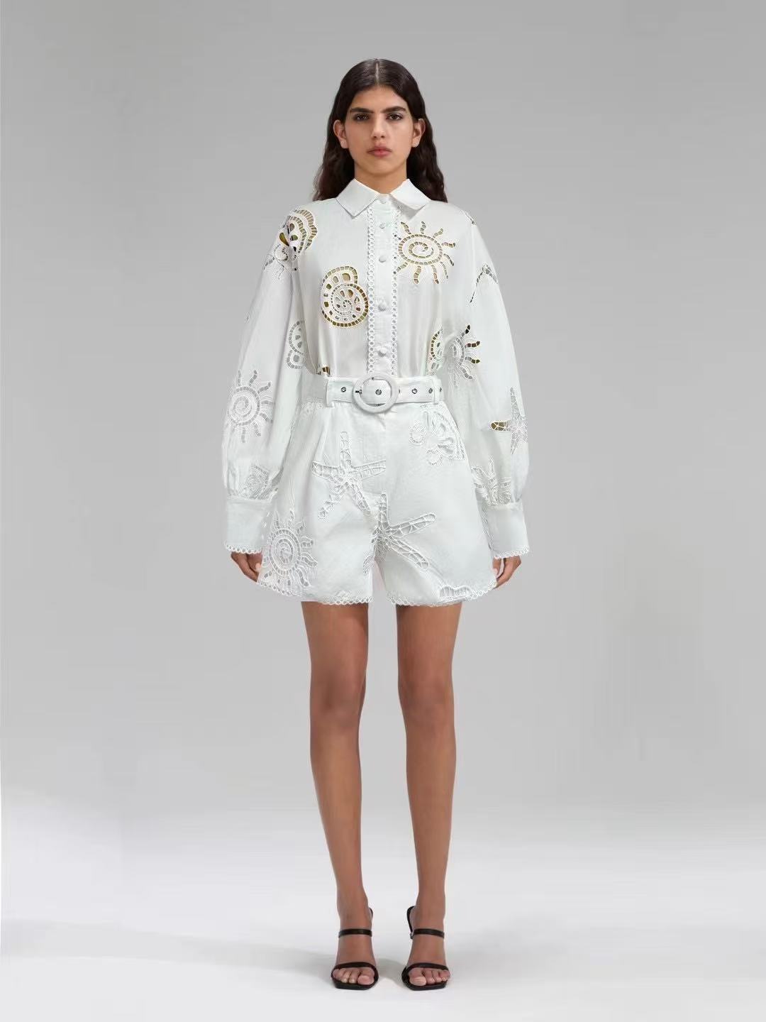 Embroidered Belted Romper Set | Starfish Eyelet Jumpsuit in Blue, White, & Pink MYLINE