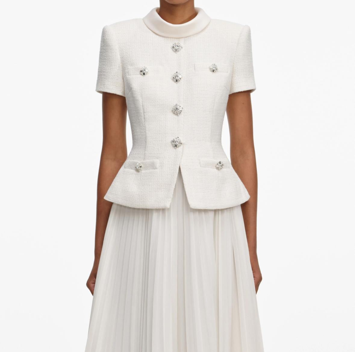 Ivory Crystal-Embellished Peplum Set with Pleated Midi Skirt