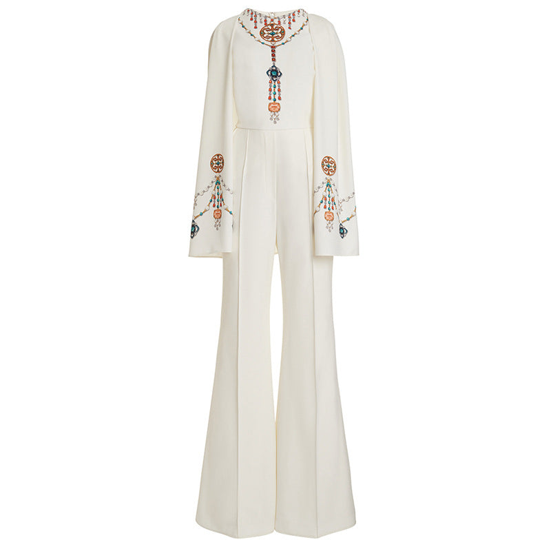 Embellished Ivory Cape Jumpsuit | Elegant White Wide-Leg Jumpsuit with Jewel Appliqué and Long Sleeves MYLINE