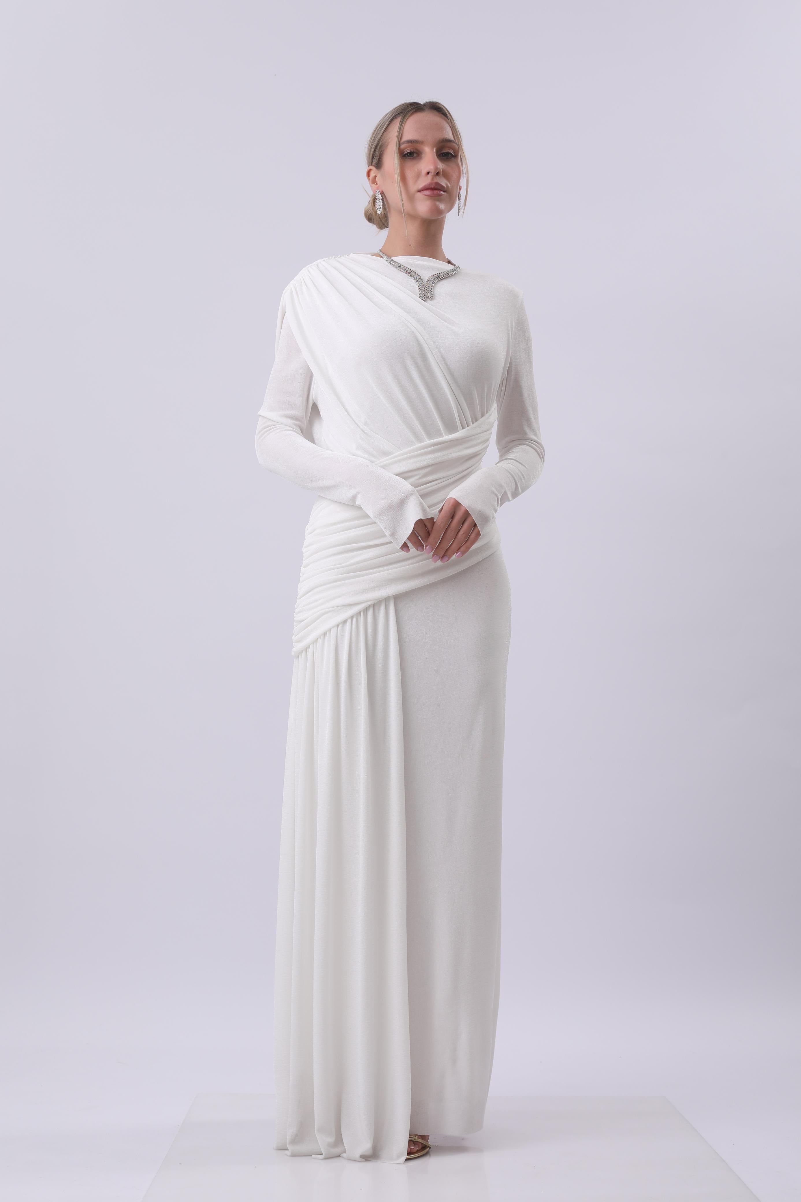 Ivory Draped One-Shoulder Gown with Embellished Neckline