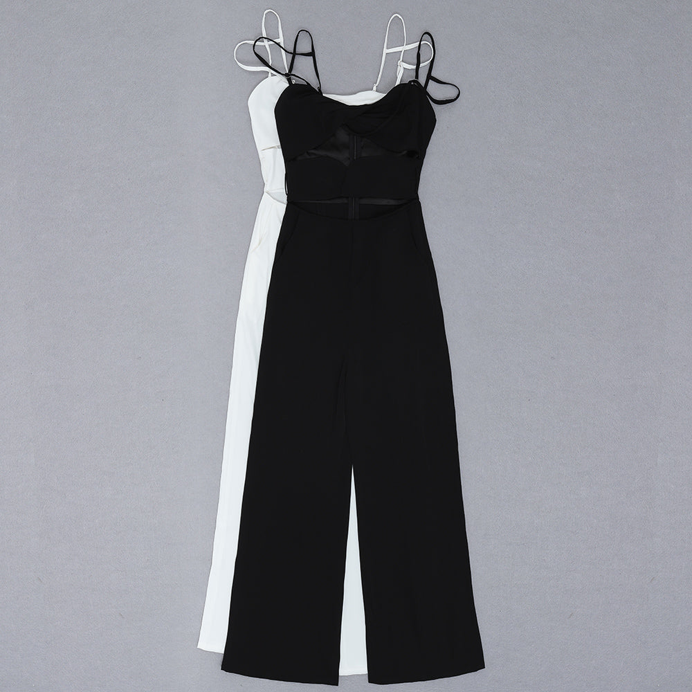 Black and White Cut Out Jumpsuit | Backless Tie-Waist Jumpsuit with Adjustable Straps for Clubwear & Summer Events MYLINE
