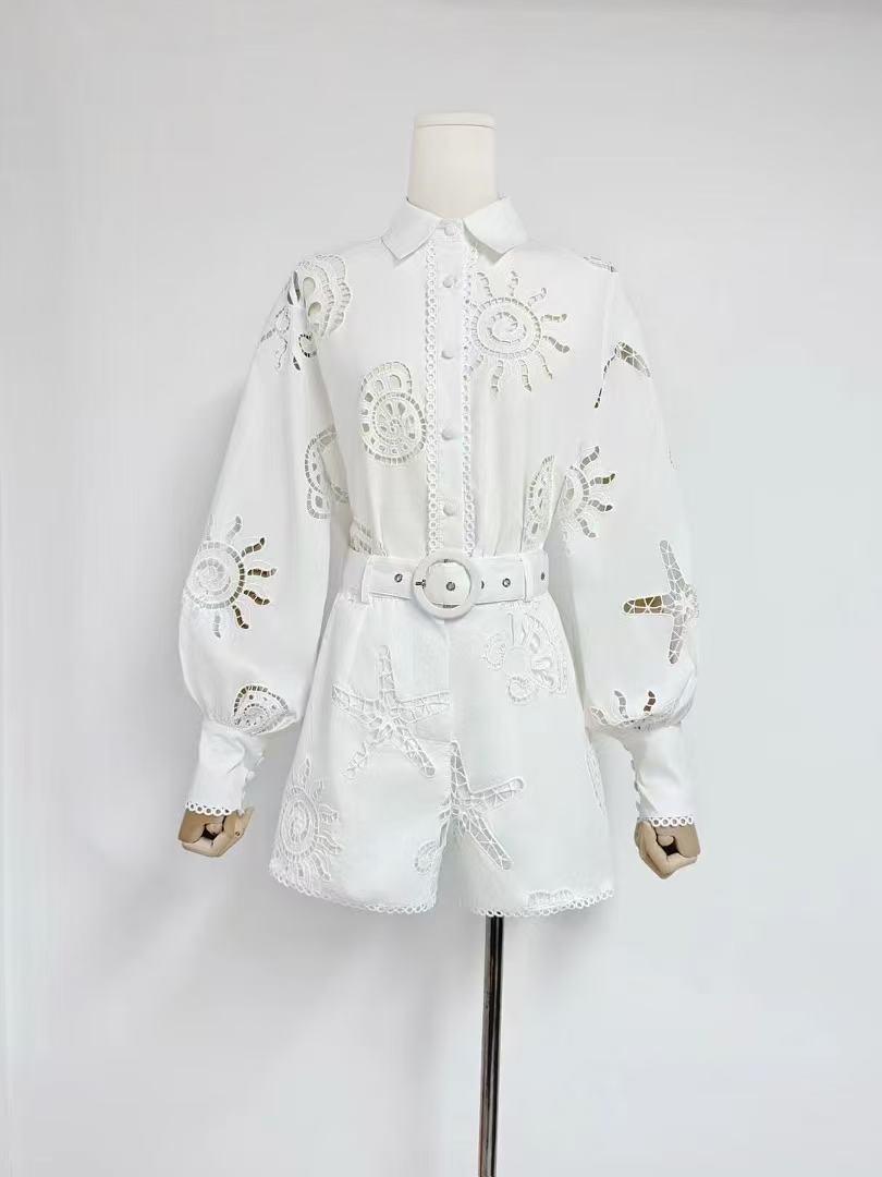 Embroidered Belted Romper Set | Starfish Eyelet Jumpsuit in Blue, White, & Pink MYLINE