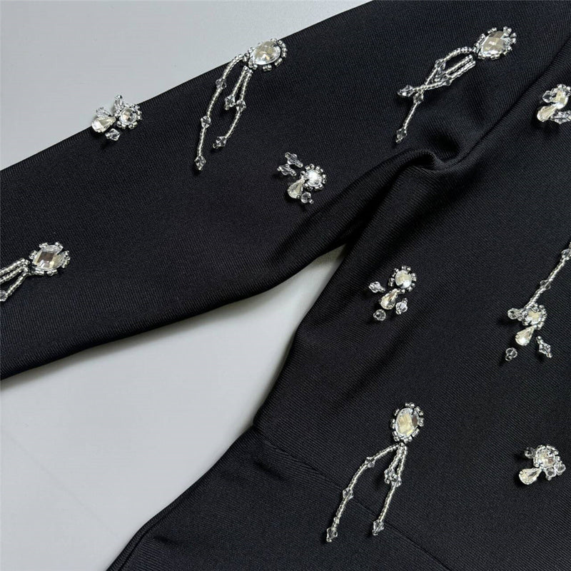 Embellished Black Jumpsuit | Elegant Crystal Beaded Long Sleeve Evening Jumpsuit with Flared Legs MYLINE