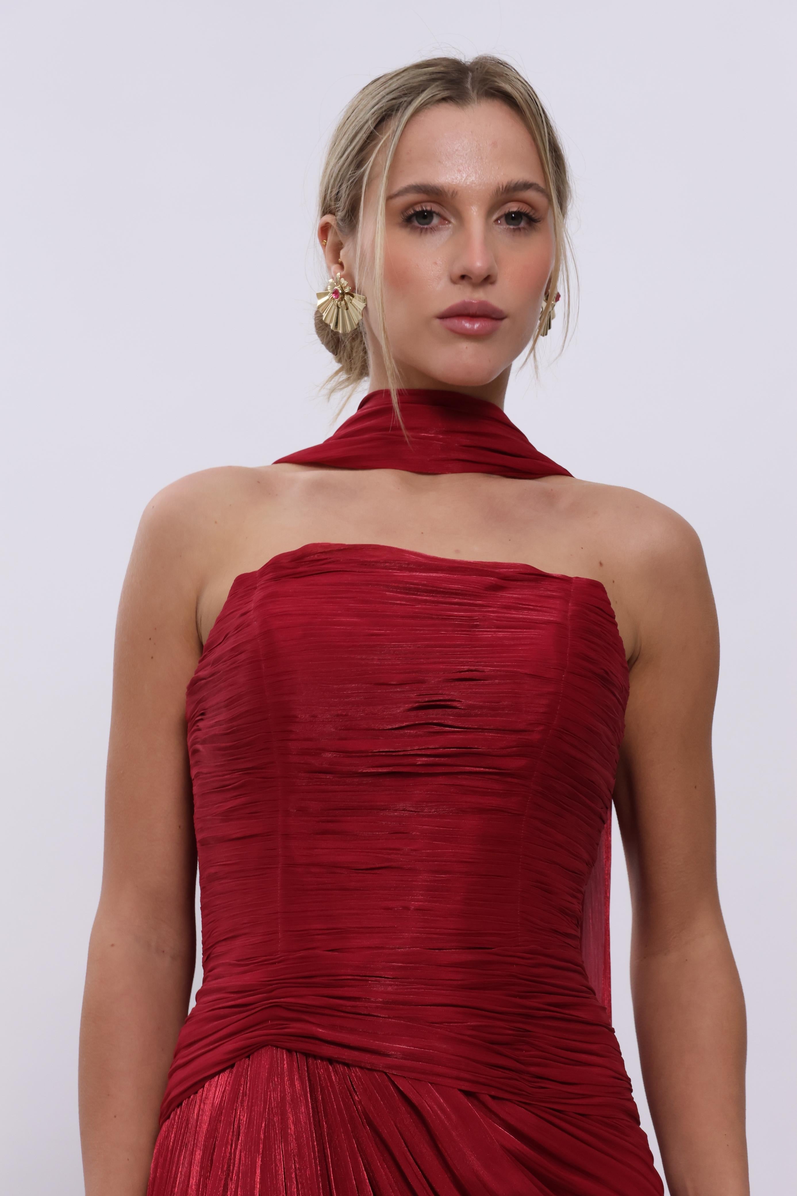 Sienna Pleated Scarf Gown – Peach Blush & Red