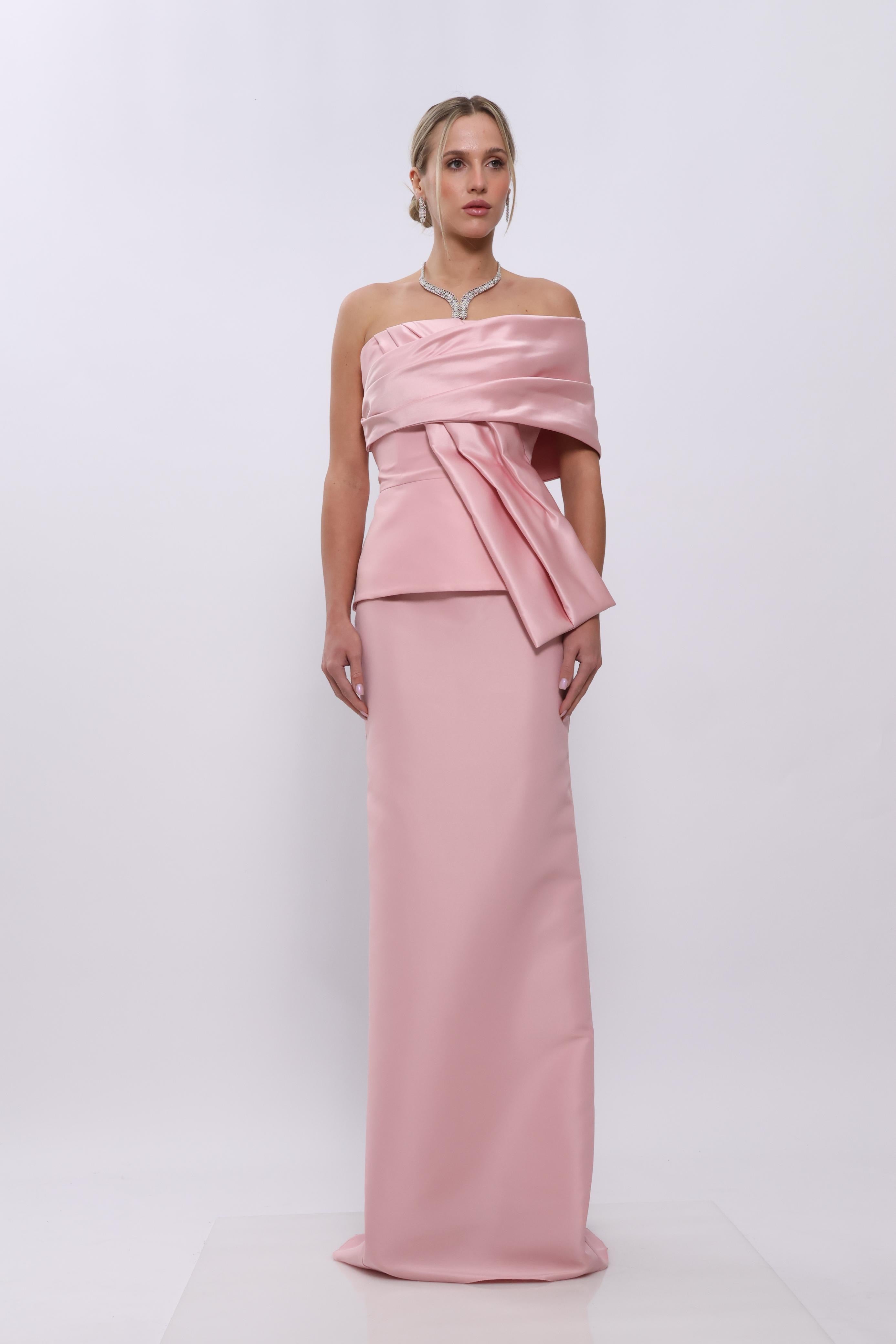 Blush Satin One-Shoulder Draped Gown
