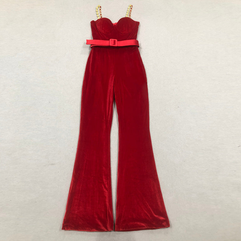 Red Velvet Jumpsuit with Crystal Straps | Luxe Flared Pantsuit with Belted Waist & Bustier Top for Glam Events MYLINE