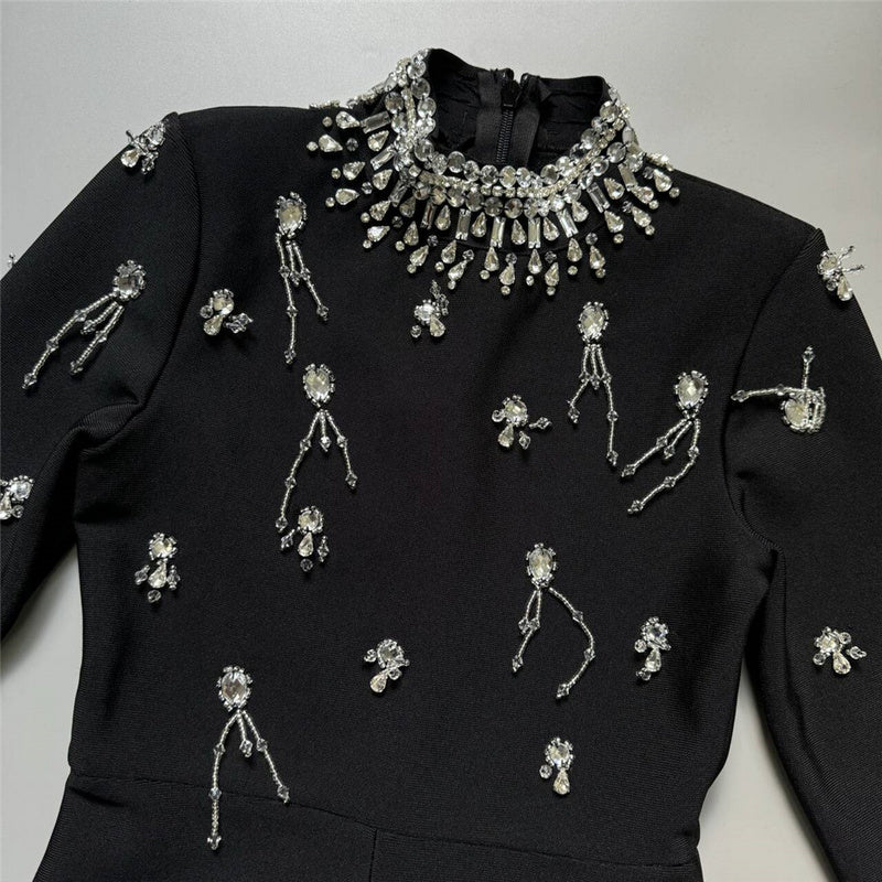 Embellished Black Jumpsuit | Elegant Crystal Beaded Long Sleeve Evening Jumpsuit with Flared Legs MYLINE