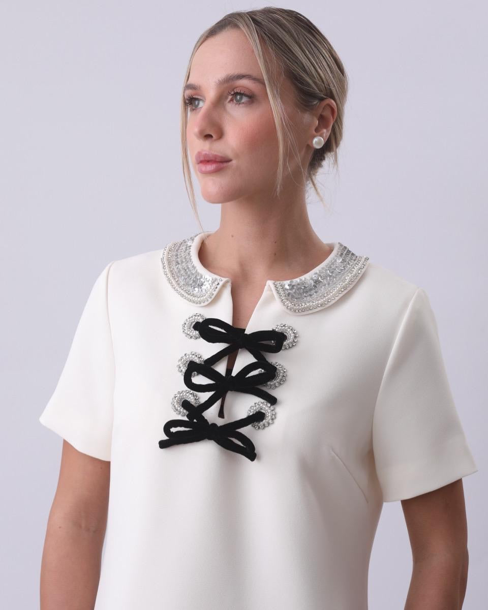 Velour Bow Collar Mini Dress - Ivory