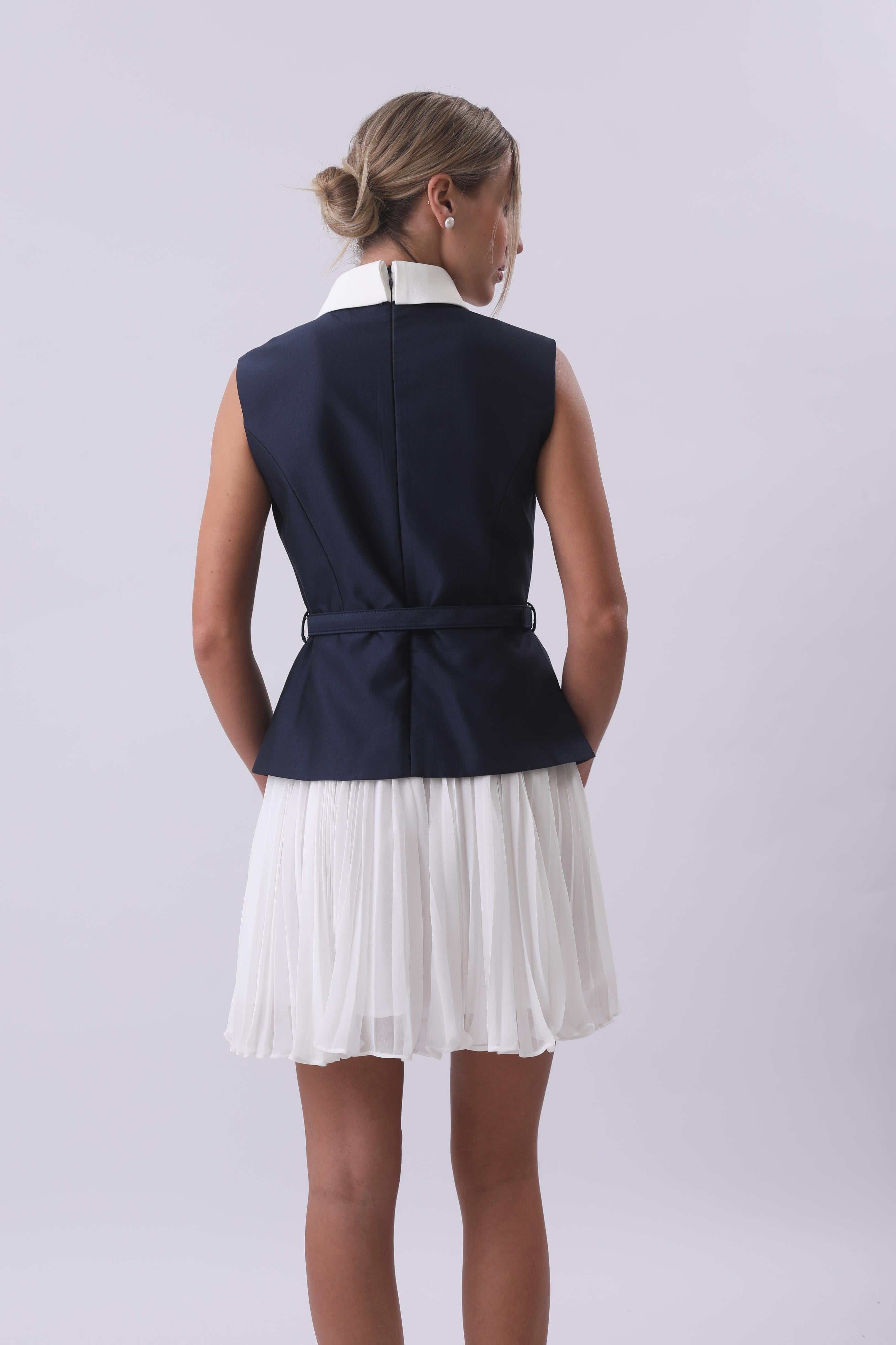 Navy Belted Vest & Pleated Skirt Set