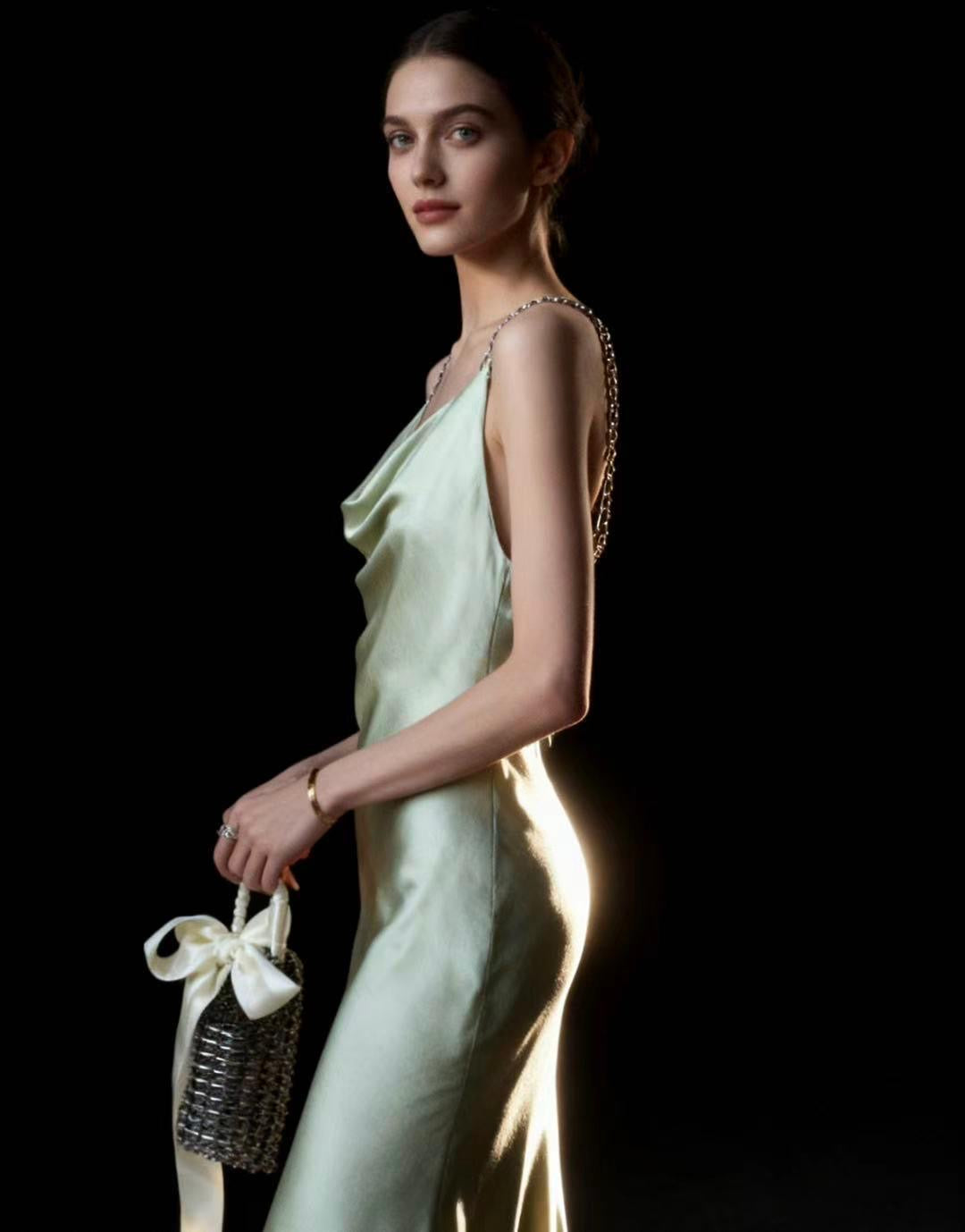 Sage Satin Chain Strap Cowl Maxi Dress