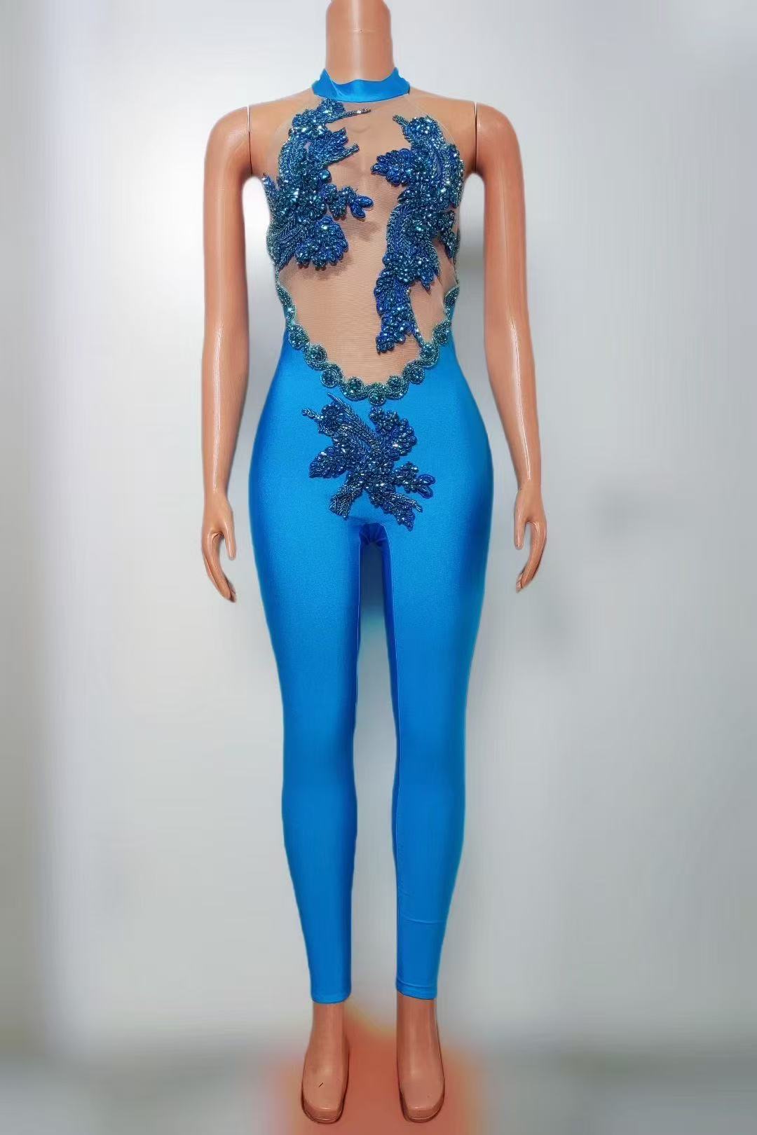 Black Beaded Illusion Jumpsuit | Sheer Mesh Bodysuit with Appliqué & High Neck Halter for Stage and Events MYLINE