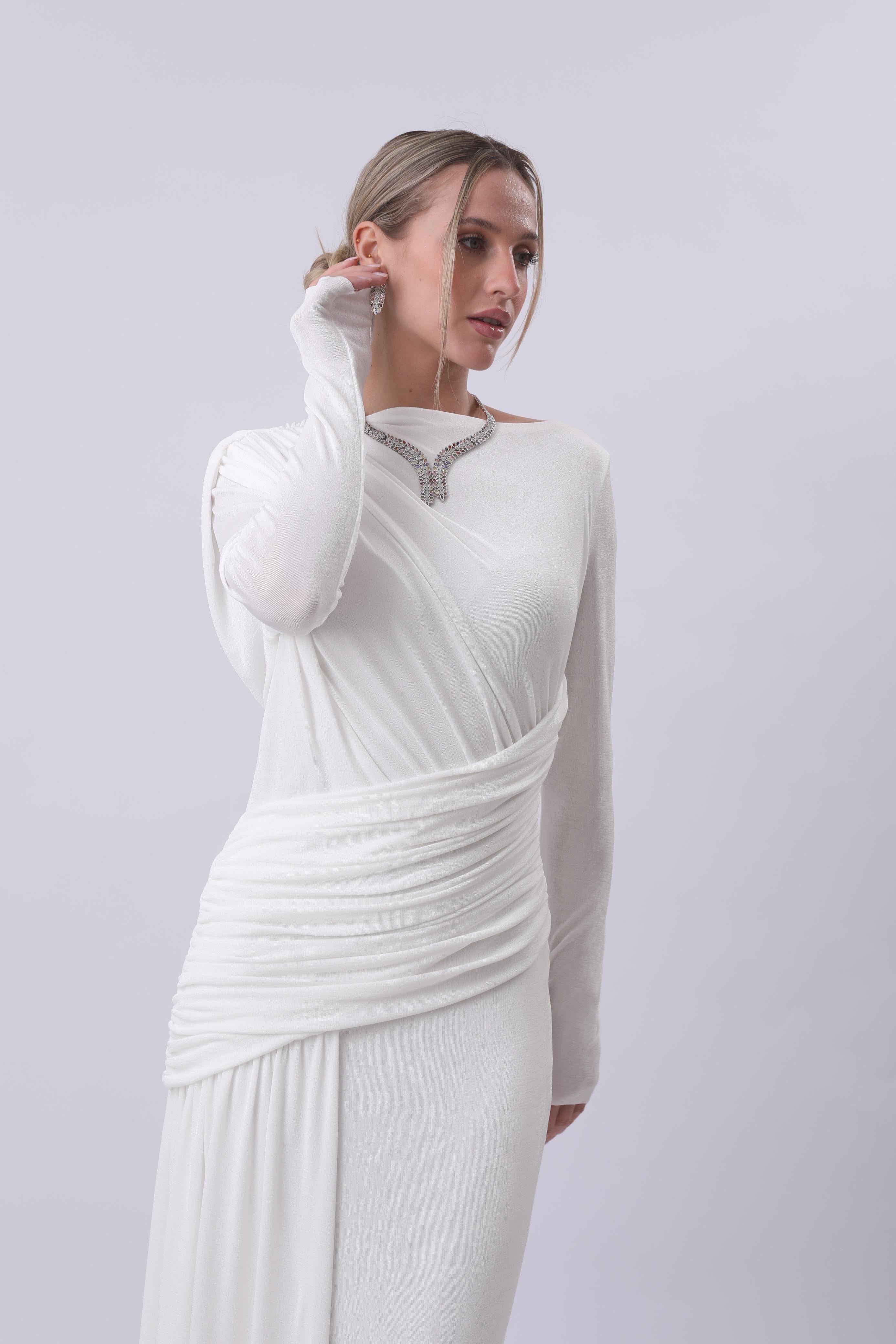 Ivory Draped One-Shoulder Gown with Embellished Neckline