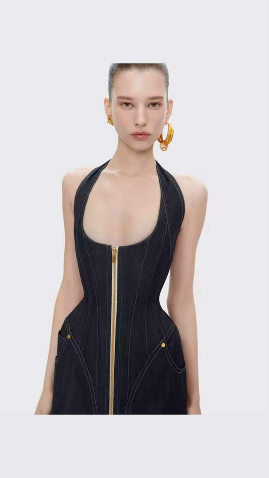 Dark Denim Halter Maxi Dress | Zipper Front Bodycon, Pockets