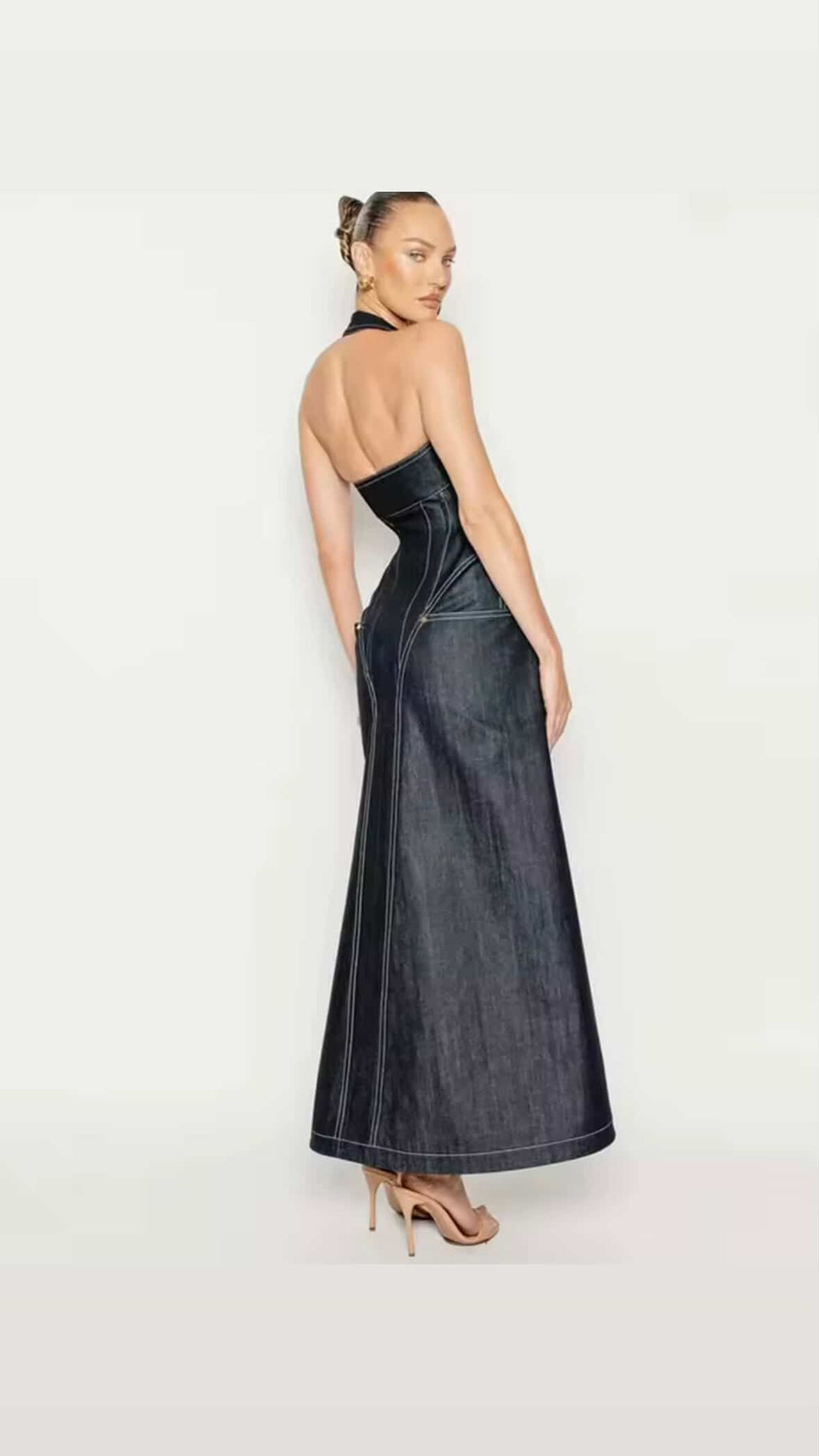 Dark Denim Halter Maxi Dress | Zipper Front Bodycon, Pockets