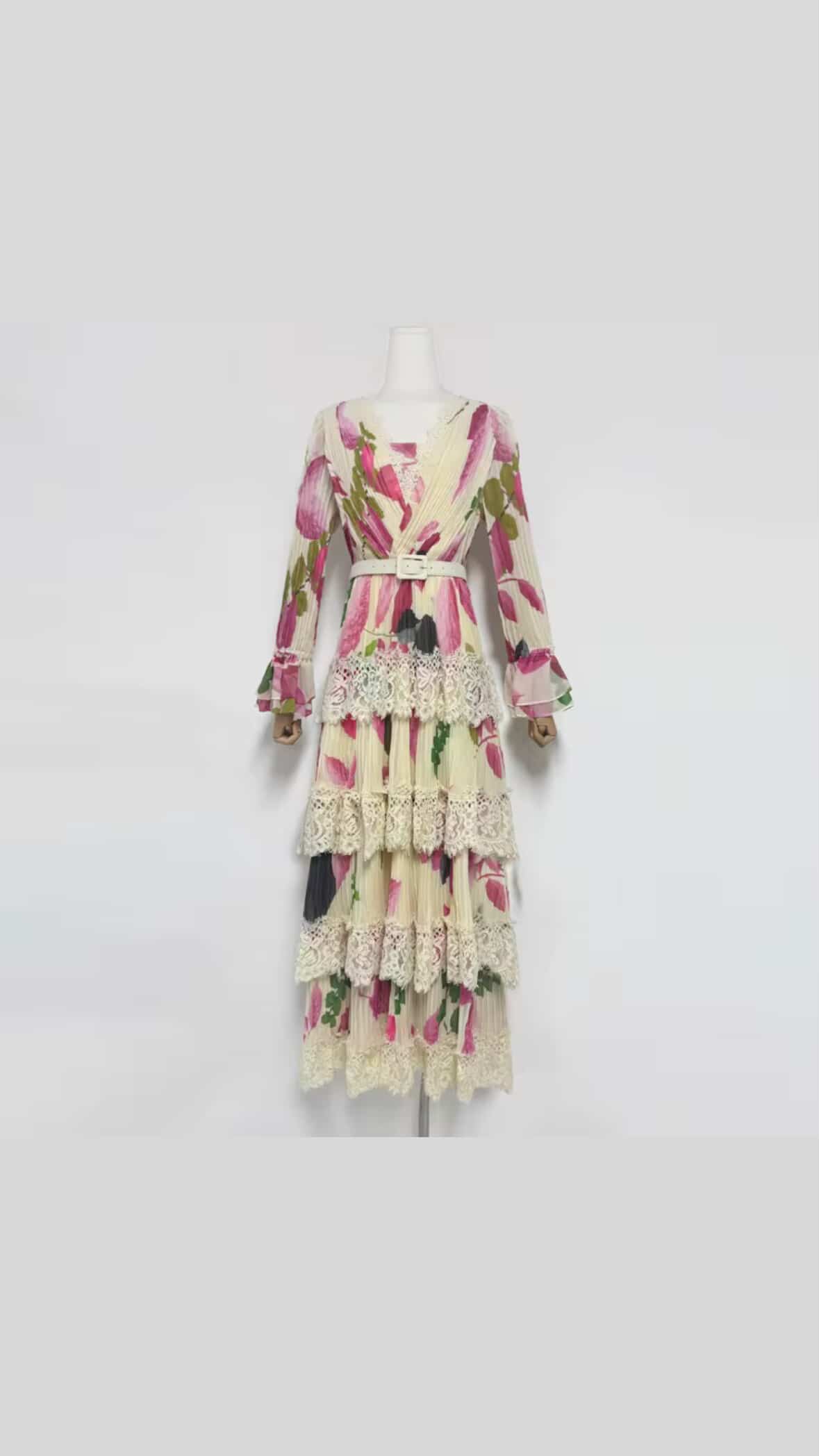 Floral Lace Maxi Dress | Vintage Tiered Pleated Gown, Boho Belt