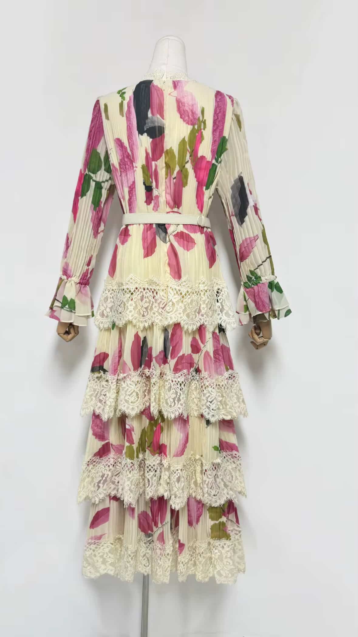 Floral Lace Maxi Dress | Vintage Tiered Pleated Gown, Boho Belt
