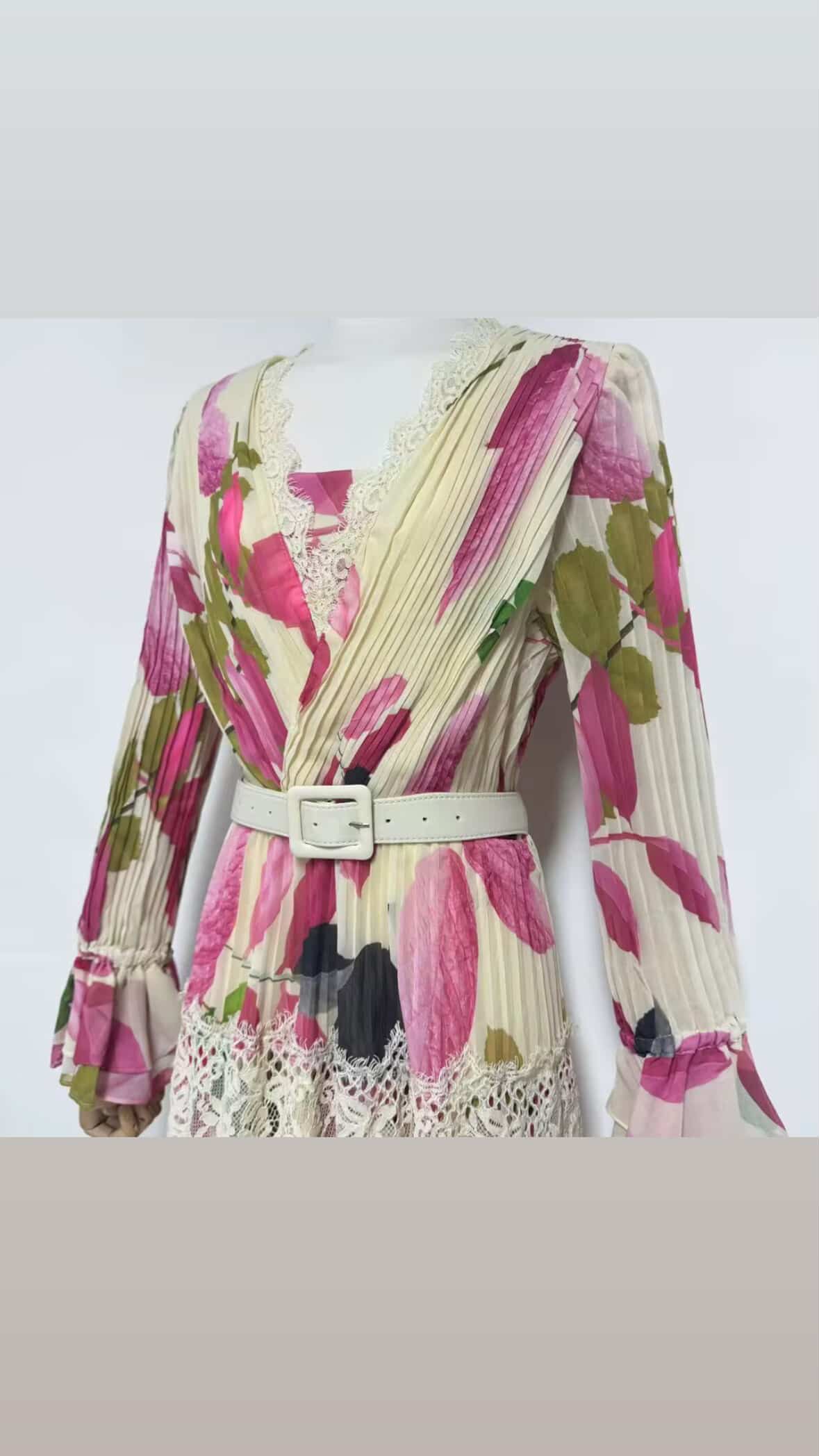 Floral Lace Maxi Dress | Vintage Tiered Pleated Gown, Boho Belt