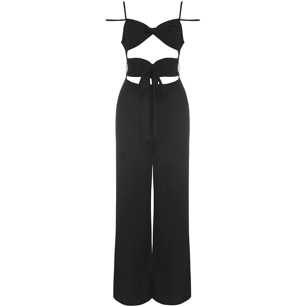 Black and White Cut Out Jumpsuit | Backless Tie-Waist Jumpsuit with Adjustable Straps for Clubwear & Summer Events MYLINE