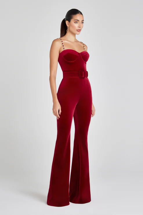 Red Velvet Jumpsuit with Crystal Straps | Luxe Flared Pantsuit with Belted Waist & Bustier Top for Glam Events MYLINE