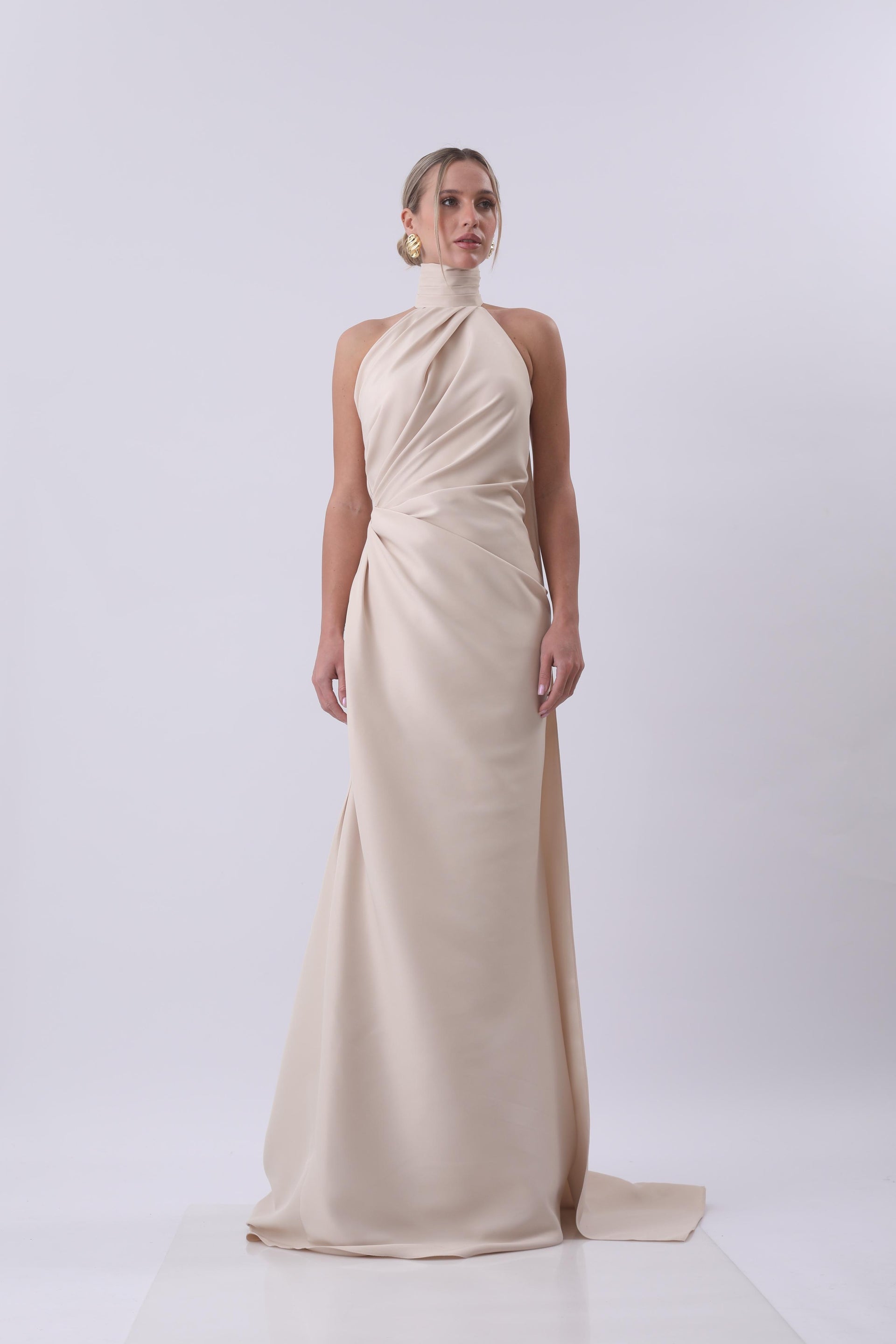 athena shimmer maxi dress Athena Draped Halter Neck Maxi Dress – Champagne – MYLINE