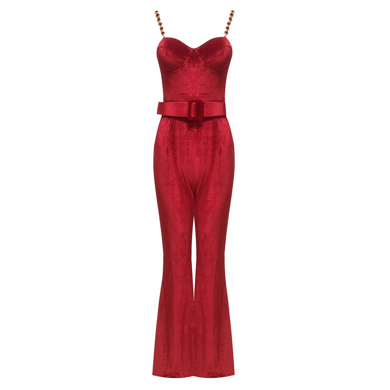Red Velvet Jumpsuit with Crystal Straps | Luxe Flared Pantsuit with Belted Waist & Bustier Top for Glam Events MYLINE