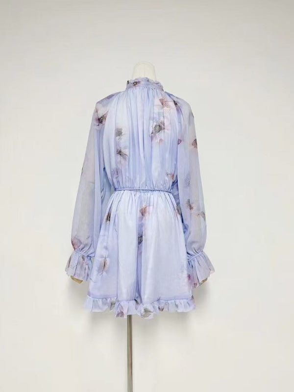Lilac Floral Sheer Romper | Romantic Ruffle Long Sleeve Jumpsuit with 3D Flowers MYLINE