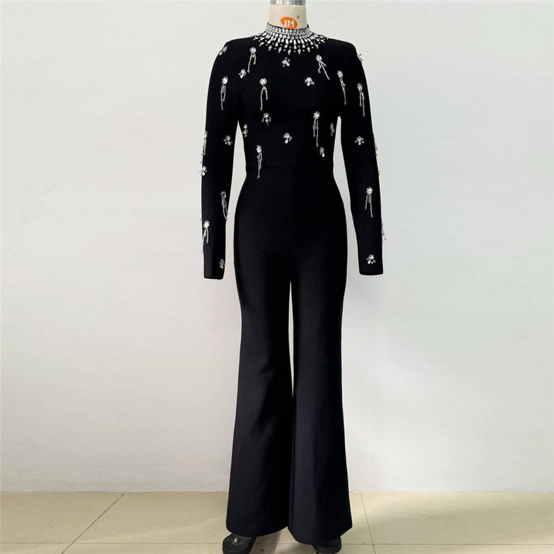 Embellished Black Jumpsuit | Elegant Crystal Beaded Long Sleeve Evening Jumpsuit with Flared Legs MYLINE