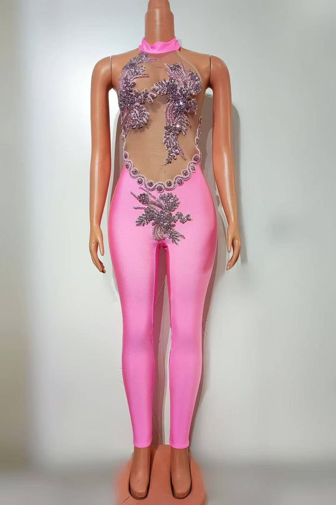 Black Beaded Illusion Jumpsuit | Sheer Mesh Bodysuit with Appliqué & High Neck Halter for Stage and Events MYLINE